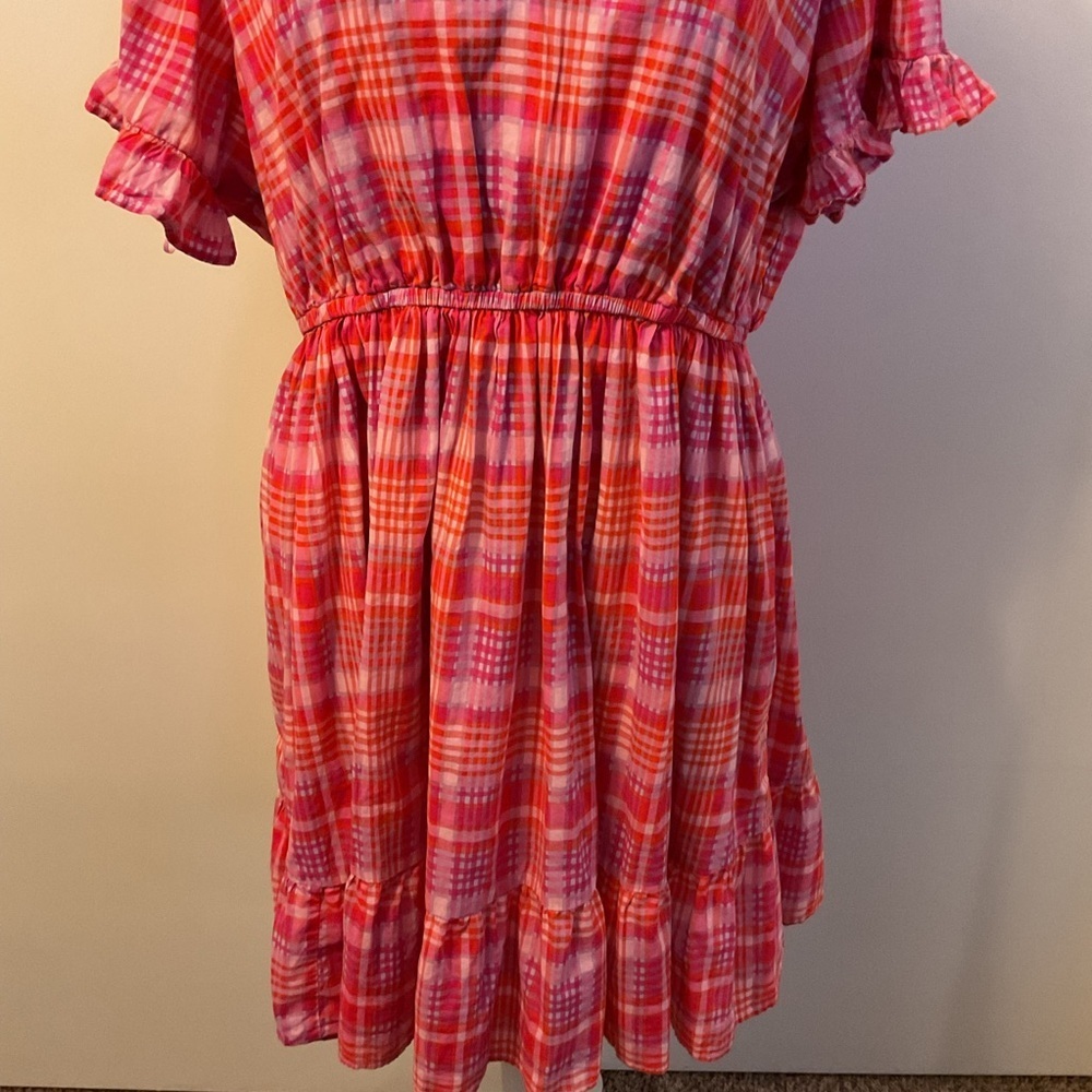 Terra & Sky Pink Plaid Ruffle Dress V-Neck Short Sleeve Plus Size 1X - Picture 5 of 11